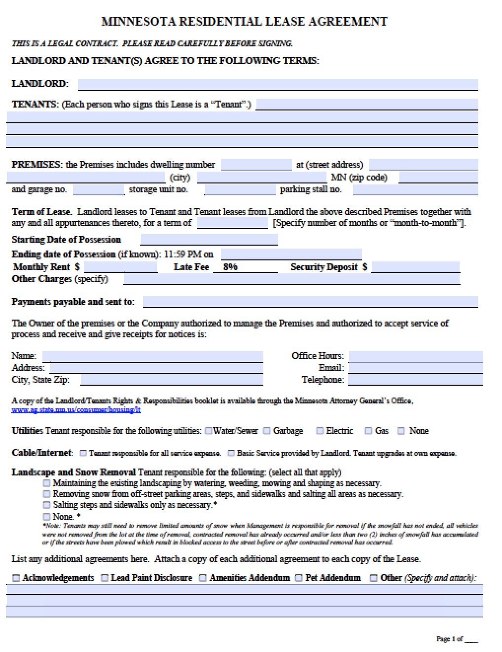 Free Minnesota Month To Month Lease Agreement Template Pdf Word
