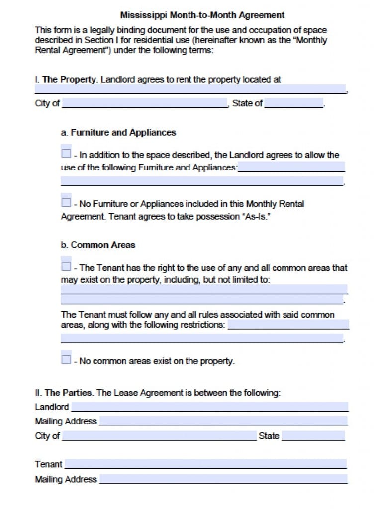 Free Mississippi Rental Lease Agreement Templates PDF Word