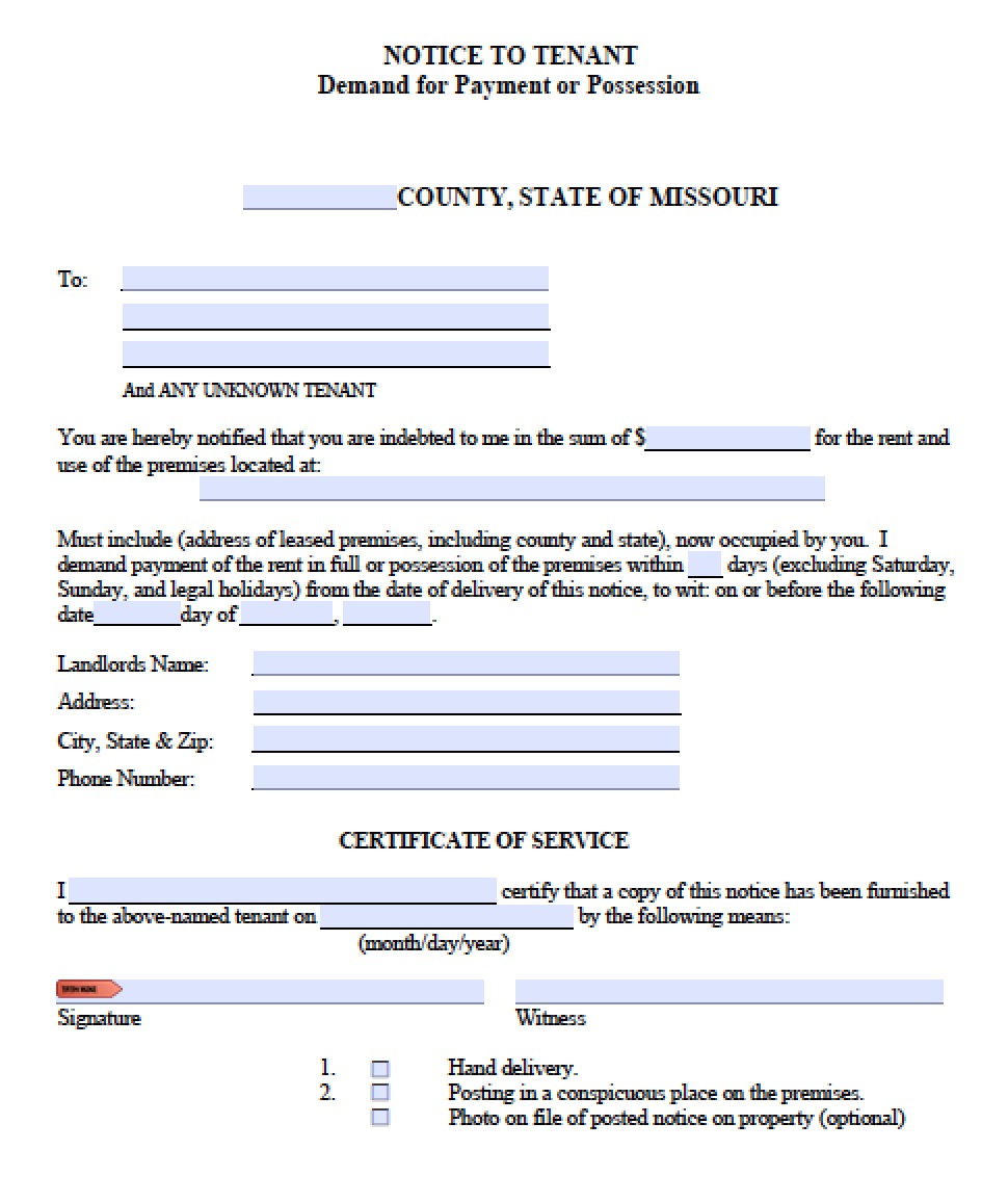 Free Missouri Notice To Quit Eviction Notice For Non Payment Template Pdf Word