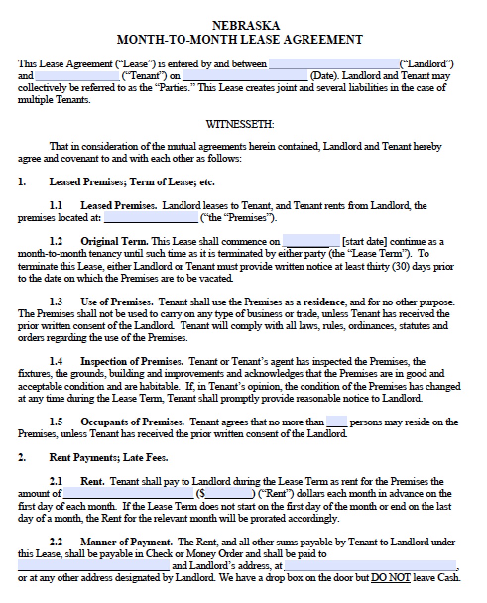 free nebraska month to month lease agreement template