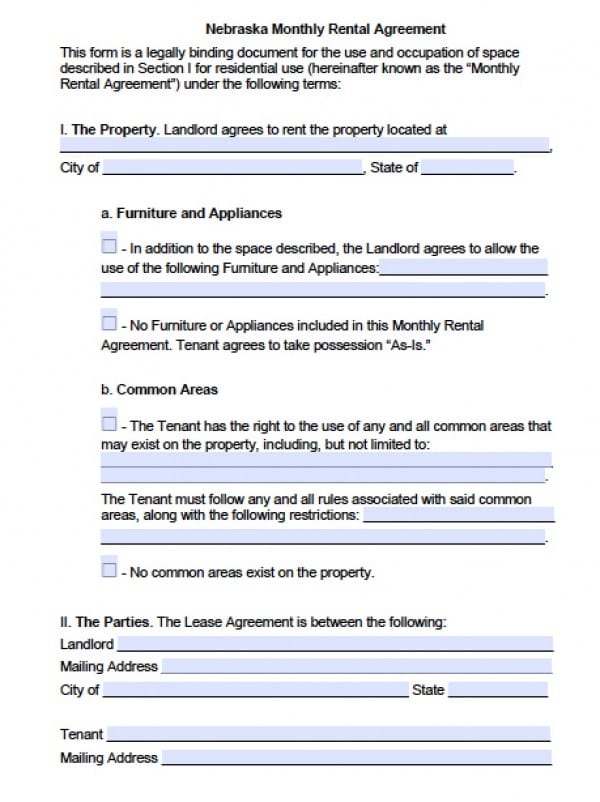 Free Nebraska MonthtoMonth Lease Agreement PDF Word (.doc)