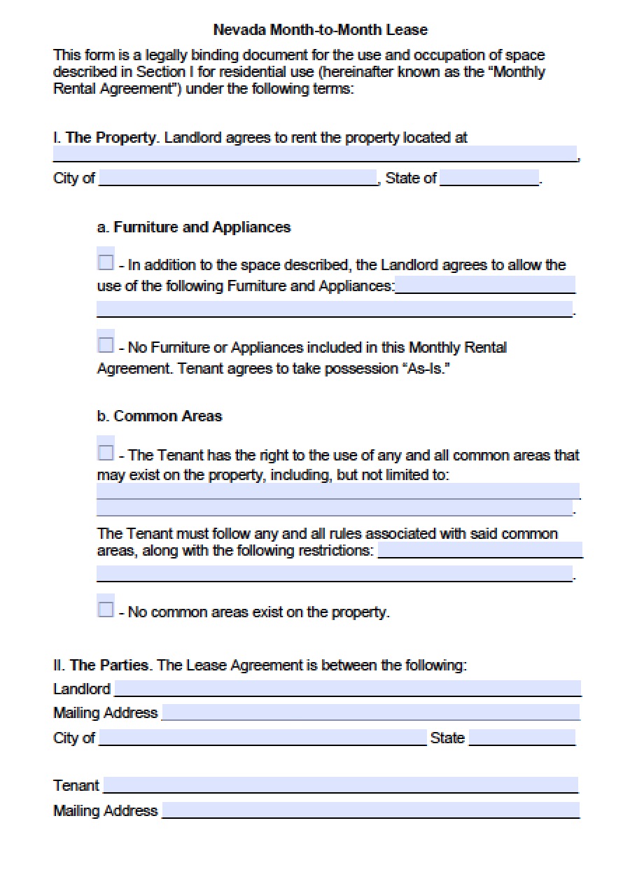 Rental Lease Agreement Template Nevada Printable Form Templates and