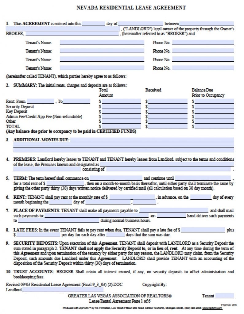 Nevada Rental Agreement Template Printable Templates