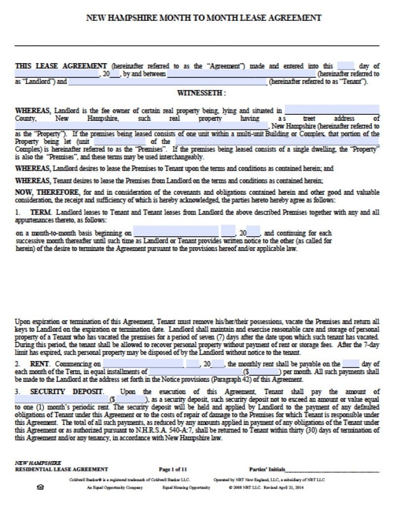 Free New Hampshire Rental Lease Agreement Templates | PDF | Word