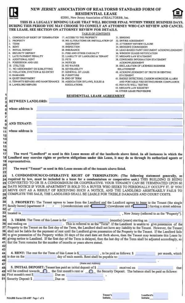 free new jersey standard residential lease agreement 1