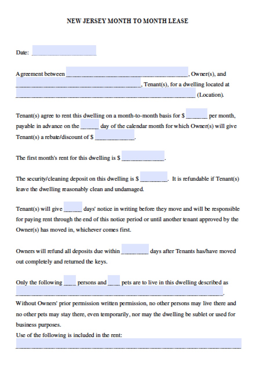 Free New Jersey Month To Month Lease Agreement Template Pdf Word