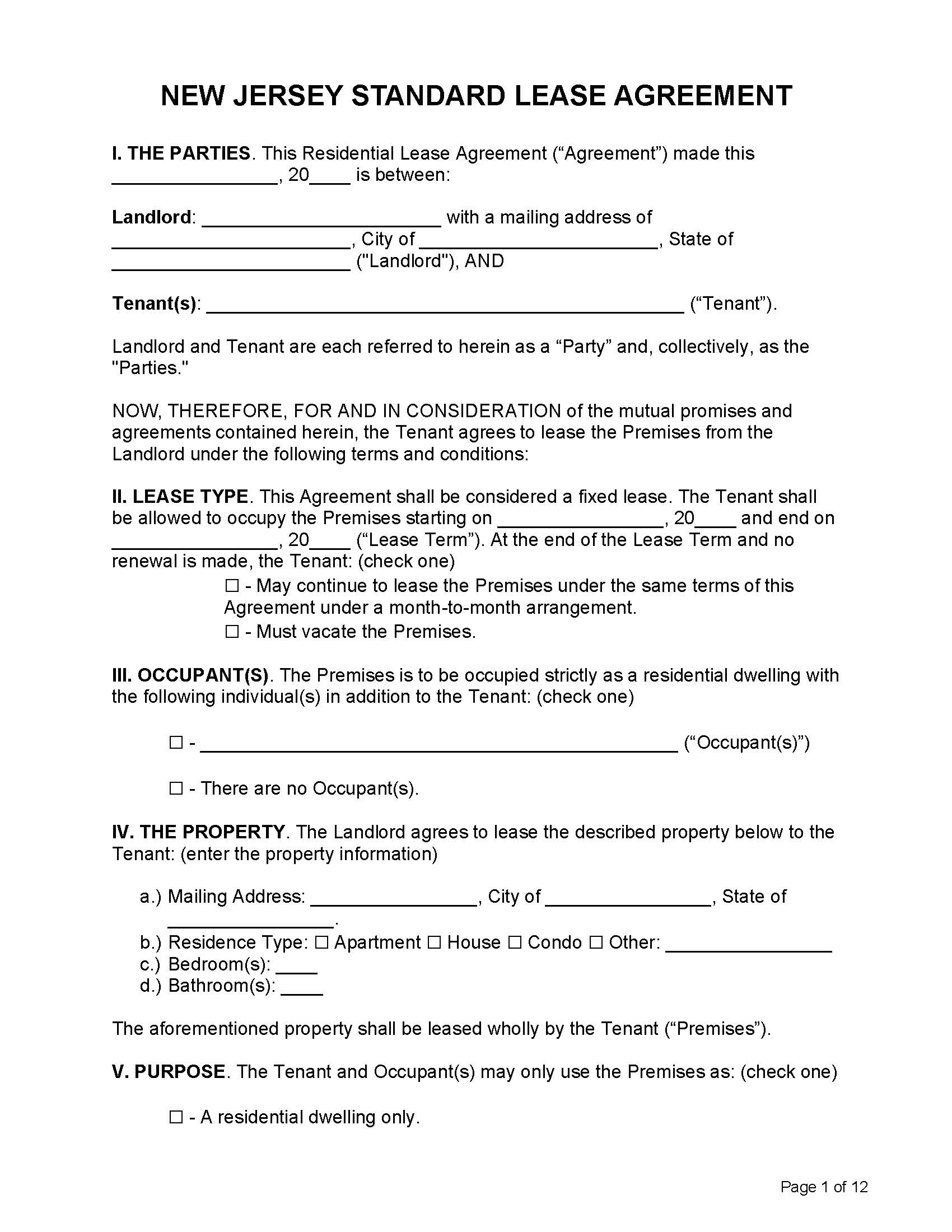 Free New Jersey Rental Lease Agreement Templates PDF Word