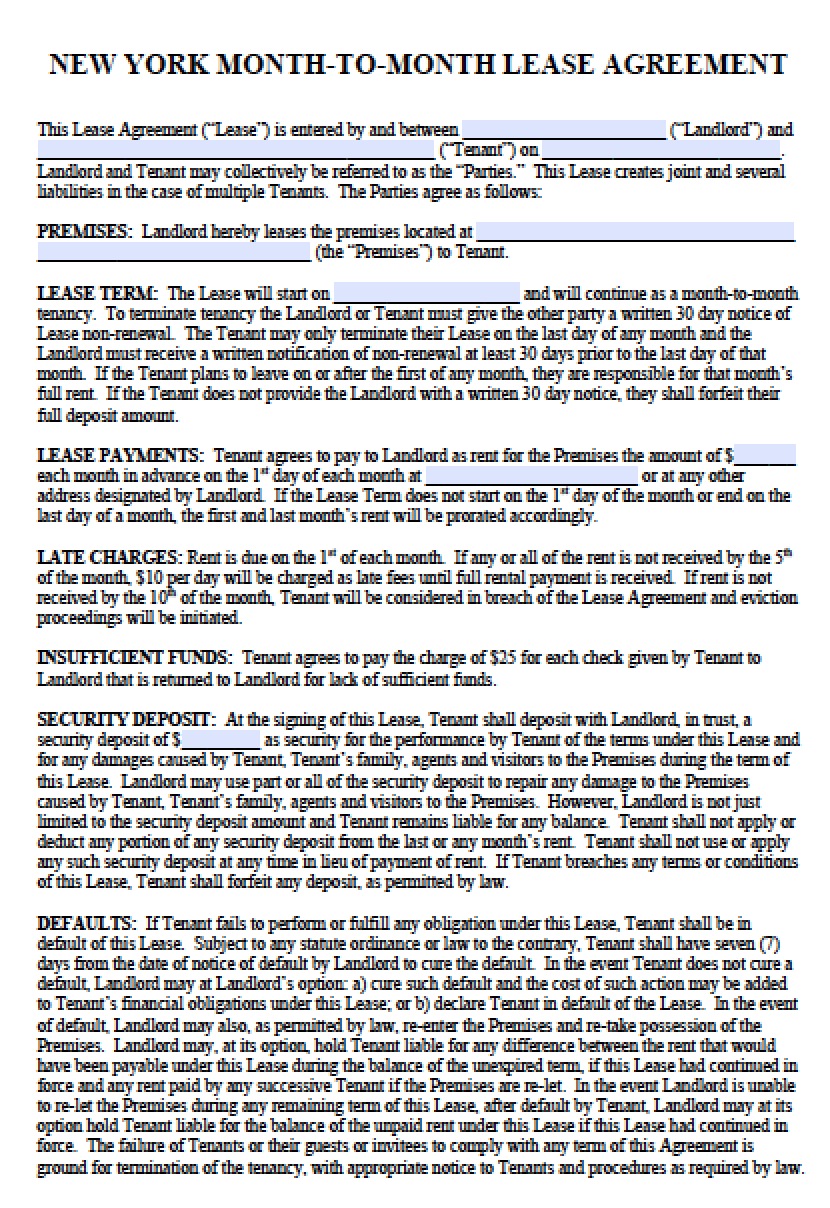 Free New York Month to Month Lease Agreement Template PDF Word