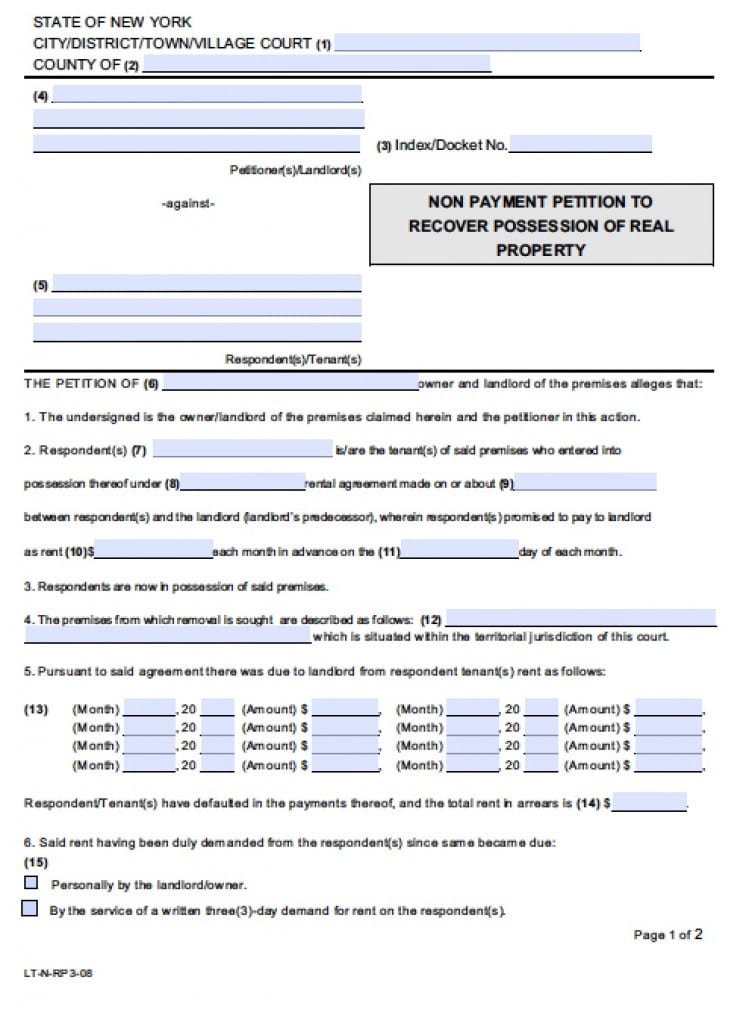 Free New York Nonpayment Of Rent Eviction Form 