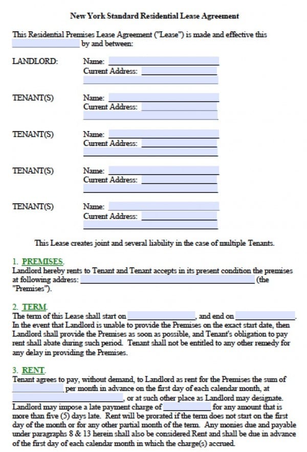 new york residential lease agreement form