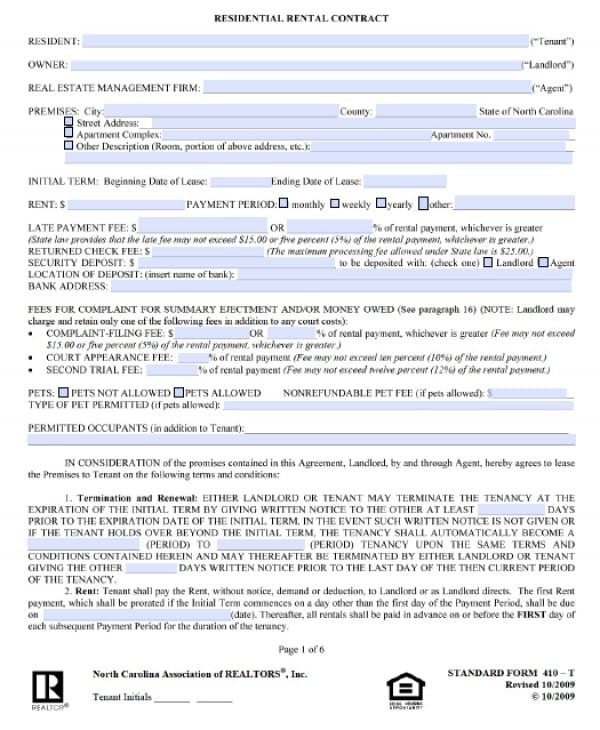 north carolina association of realtors lease agreement 600x730