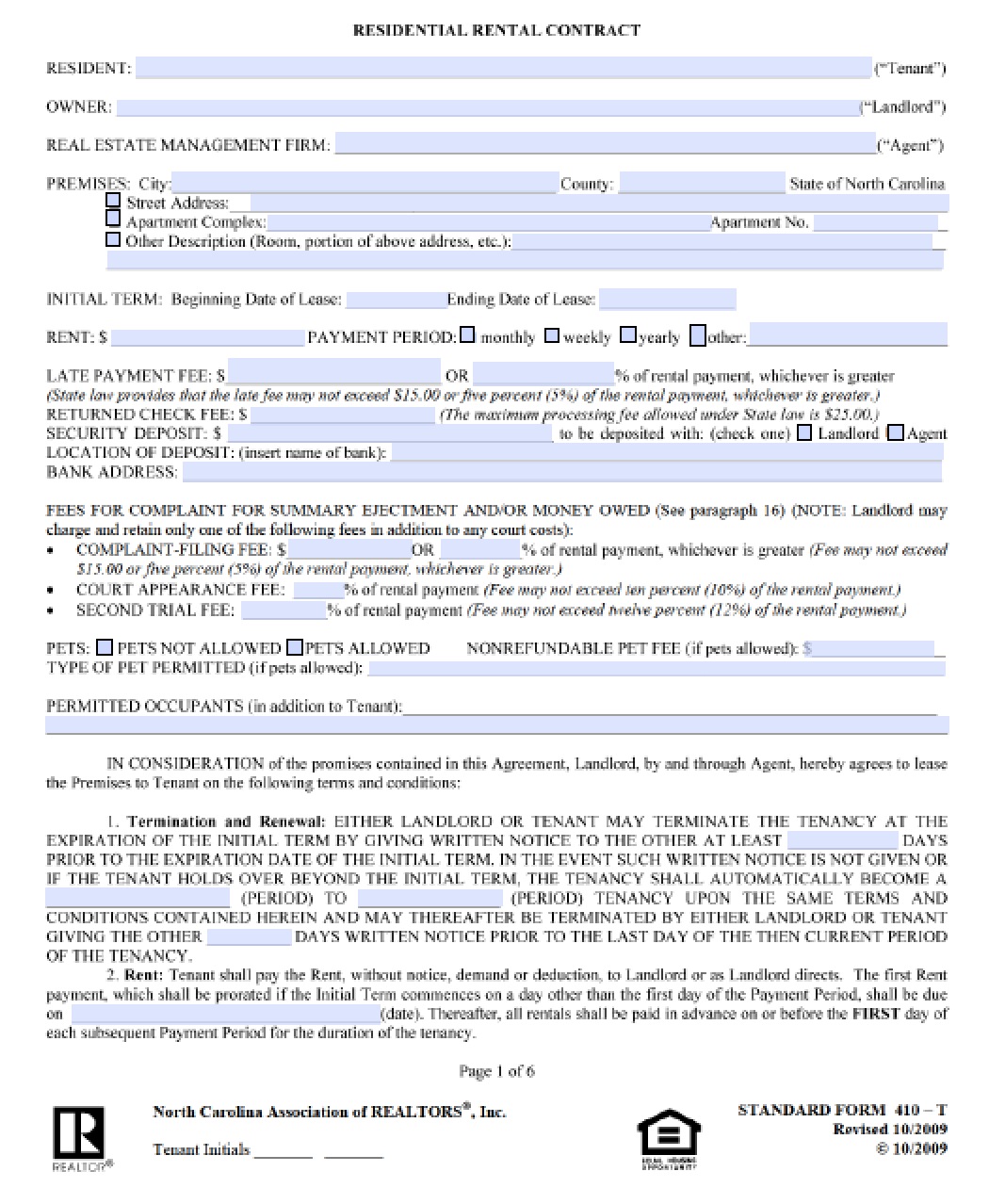Free North Carolina Standard Residential Lease Agreement Template Pdf Word