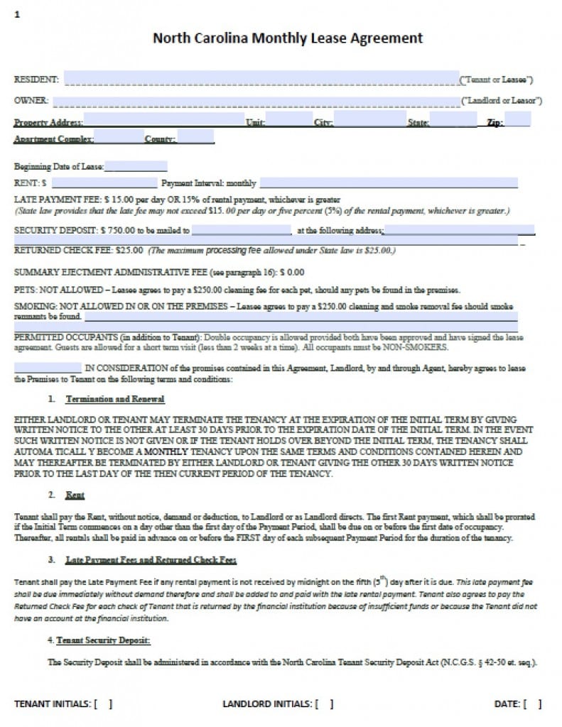 free north carolina rental lease agreement templates pdf