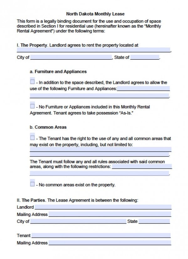 free north dakota month to month lease agreement pdf word doc