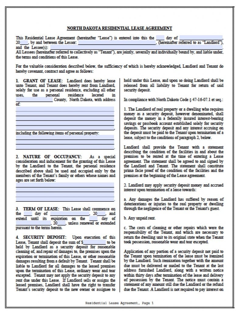 Free North Dakota Rental Lease Agreement Templates | PDF | Word