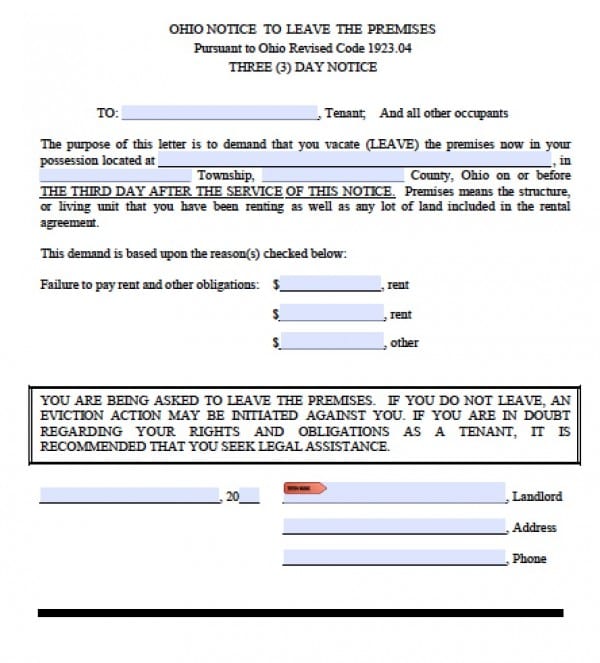 Free Ohio Three 3 Day Notice To Leave Premises NonPayment Of Rent PDF Word doc 