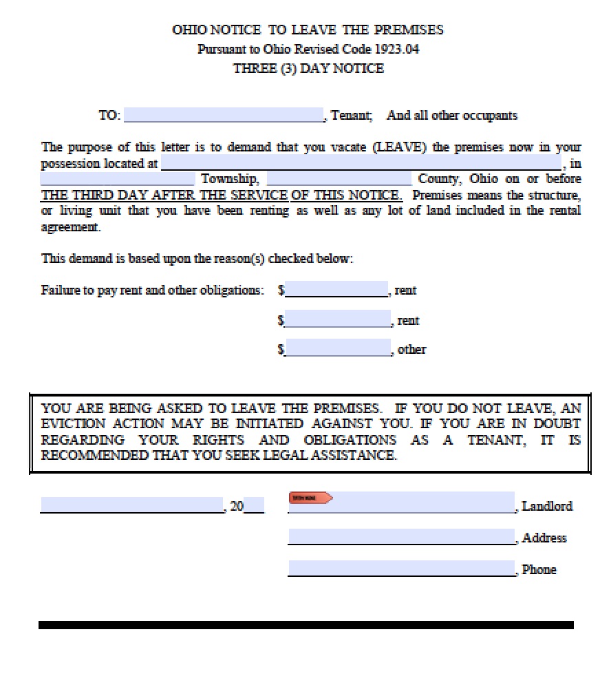 Free Ohio Three 3 Day Notice To Leave Premises Nonpayment Of Rent Template Pdf Word