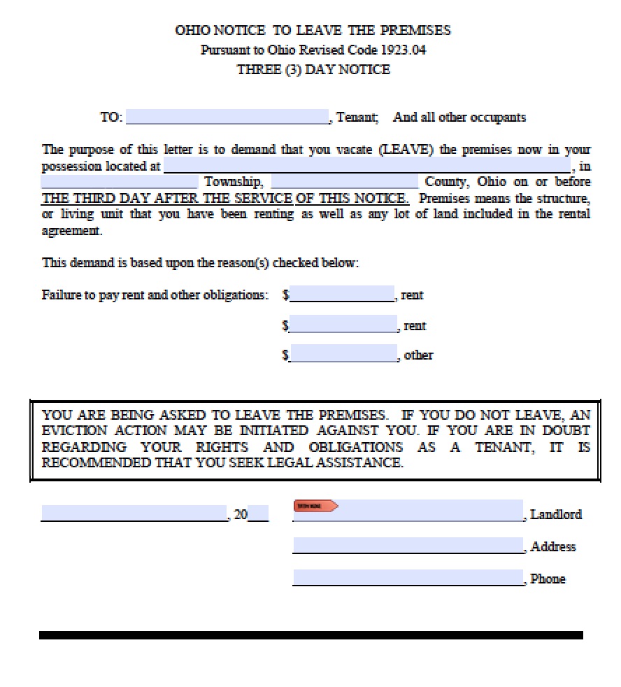 free ohio three 3 day notice to leave premises nonpayment of rent template pdf word