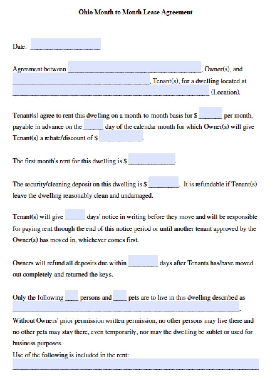 Free Ohio Month To Month Rental Agreement Template Pdf Word