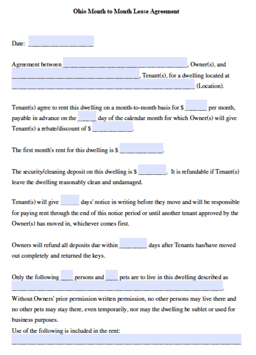 Free Ohio Month to Month Rental Agreement Template PDF Word