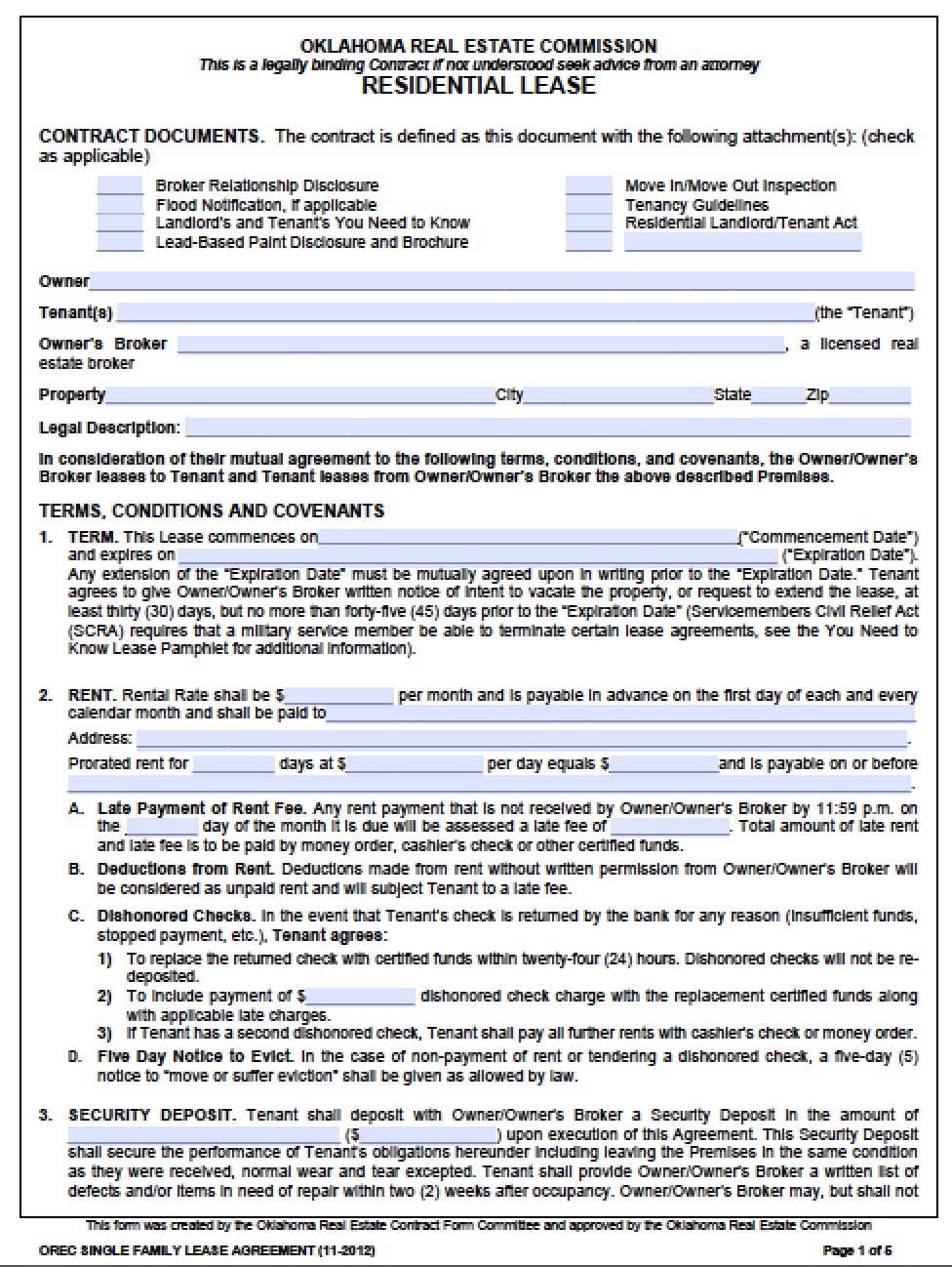 Free Oklahoma Standard One Year Residential Lease Agreement Template Pdf Word