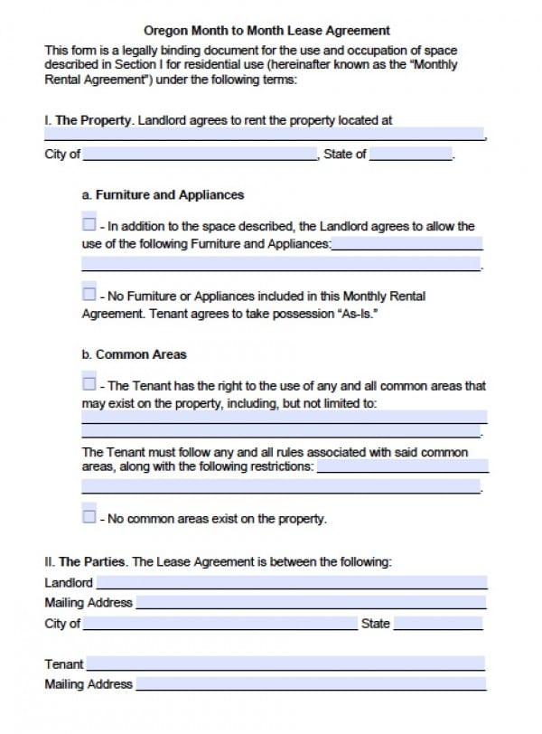 Free Oregon Month to Month Lease Agreement PDF Word ( doc)