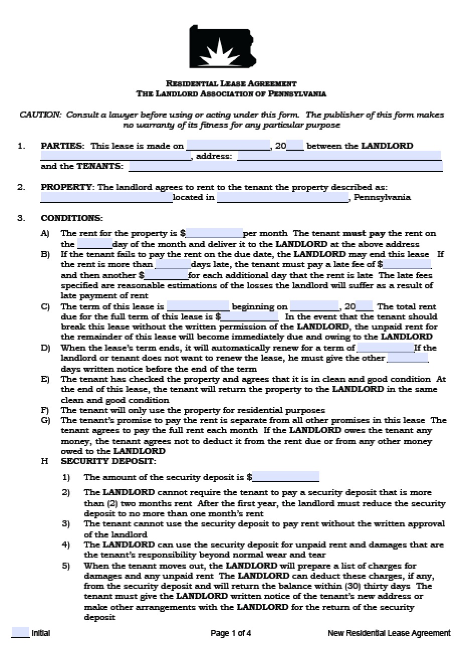 Free Pennsylvania Residential Lease Agreement  PDF  Word 