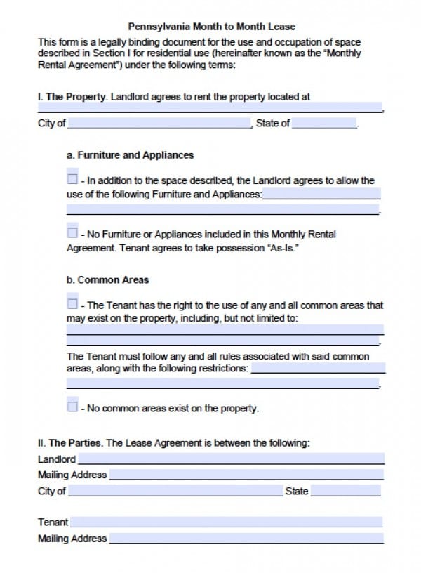 Free Pennsylvania Month-to-Month Lease Agreement  PDF 