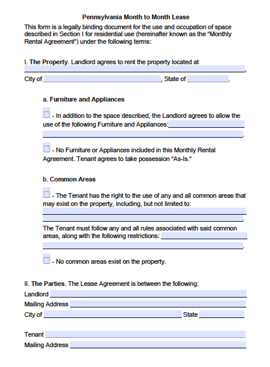 Free Pennsylvania Rental Lease Agreement Templates PDF Word