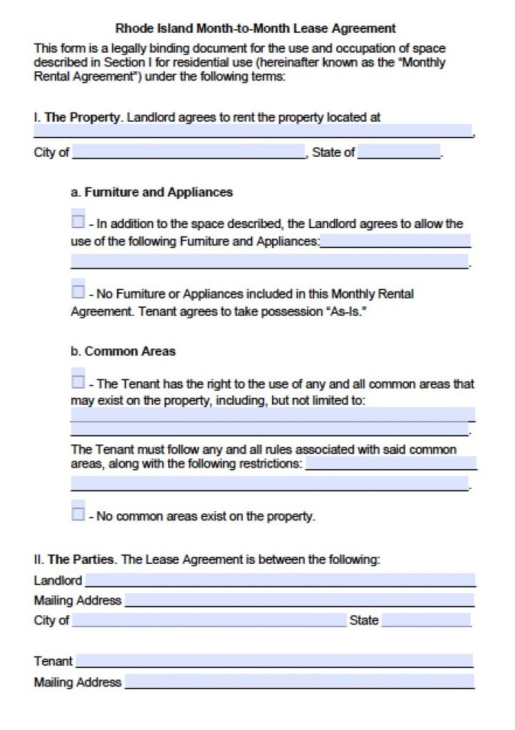 Free Rhode Island Rental Lease Agreement Templates PDF Word