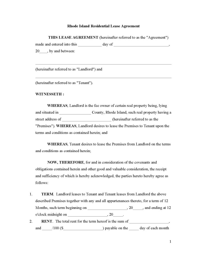 Free Rhode Island Rental Lease Agreement Templates PDF Word