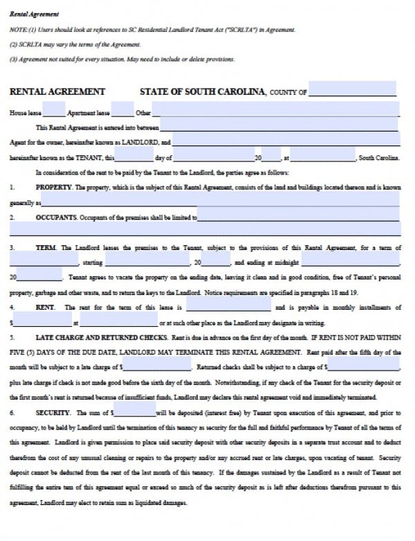 free south carolina rental lease agreement templates pdf word