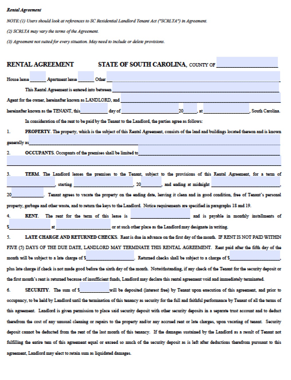 Free South Carolina Residential Lease Agreement PDF Word (.doc)