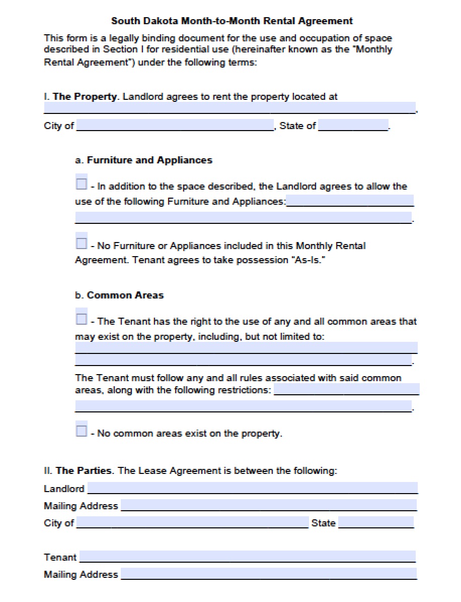 Free South Dakota MonthtoMonth Lease Agreement PDF Word (.doc)