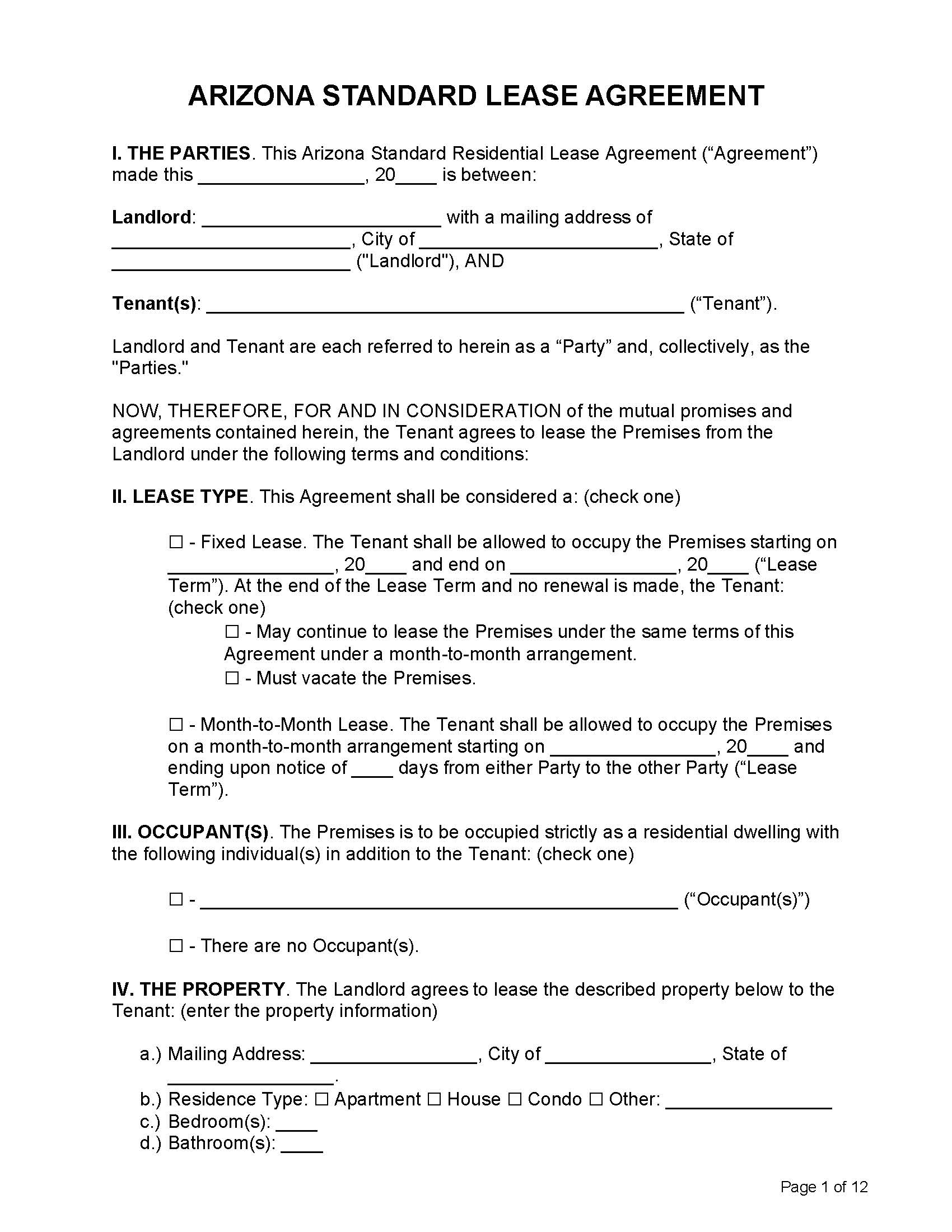 Free Arizona Rental Lease Agreement Templates Pdf Word