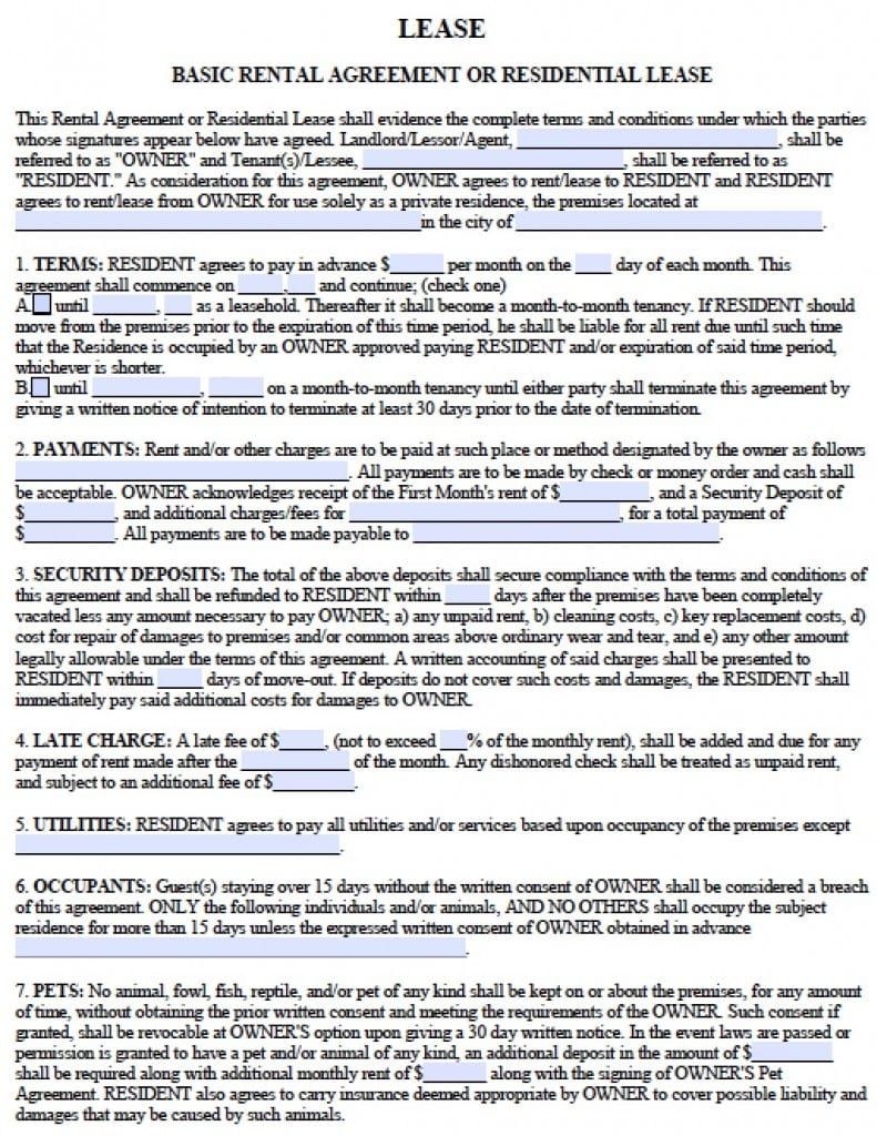 Free Rental Lease Agreement Templates PDF Word