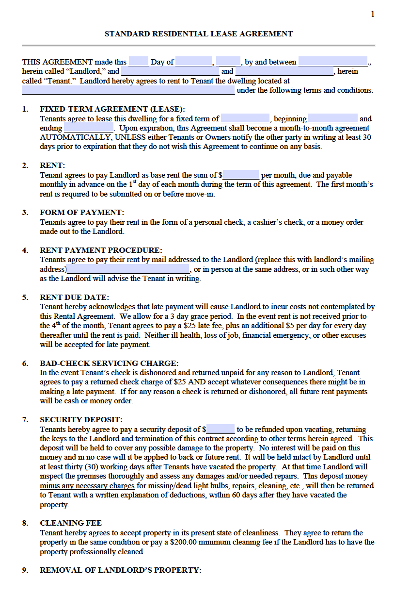 free standard residential lease agreement templates pdf word