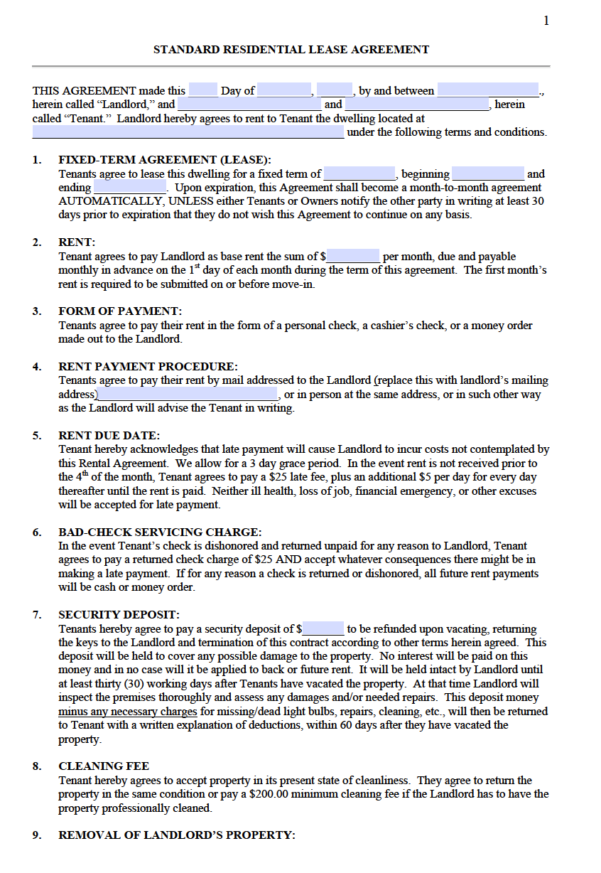 Free Standard Residential Lease Agreement Templates PDF Word
