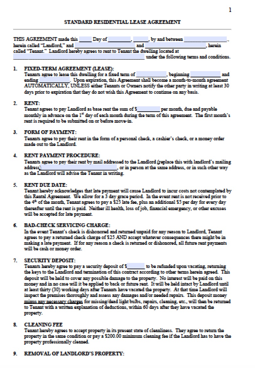 Free Standard Residential Lease Agreement Templates | PDF | Word