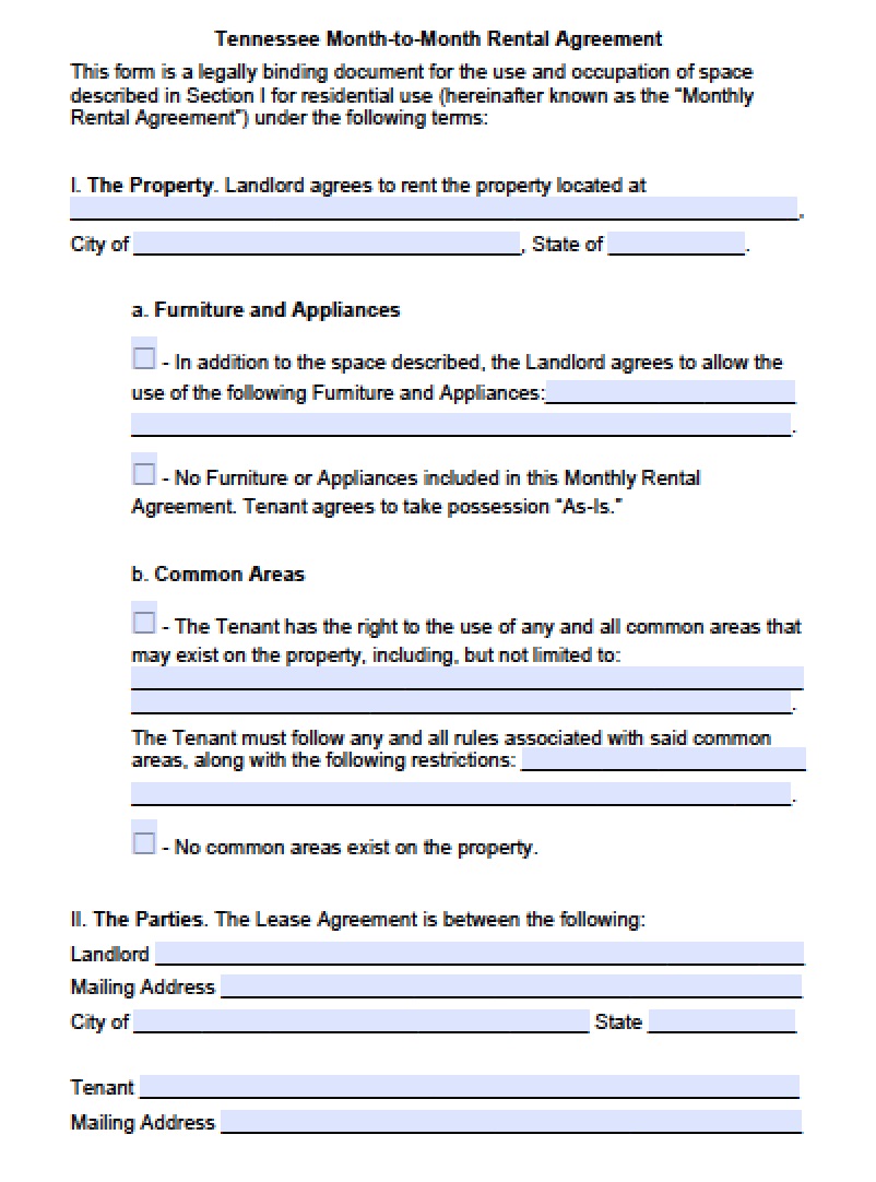 Free Tennessee Rental Lease Agreement Templates Pdf Word
