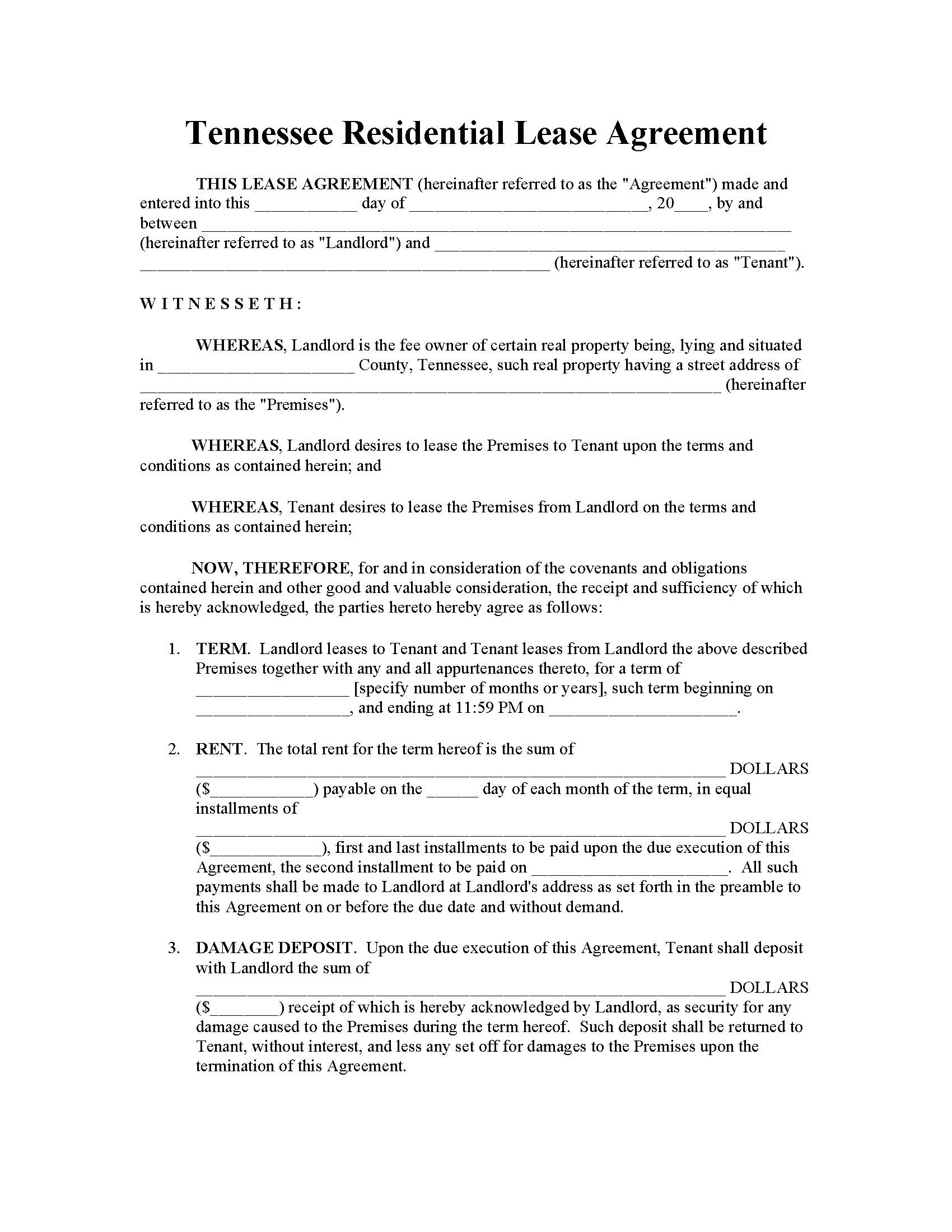 Printable Rental Agreement Form Tennessee