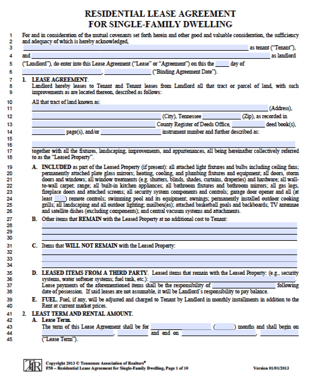 Free Tennessee Standard Residential Lease Agreement PDF Word (.doc)