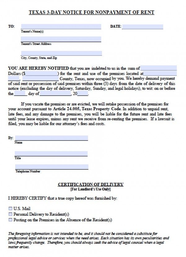 Free Texas Three (3) Day Notice to Quit NonPayment of Rent PDF