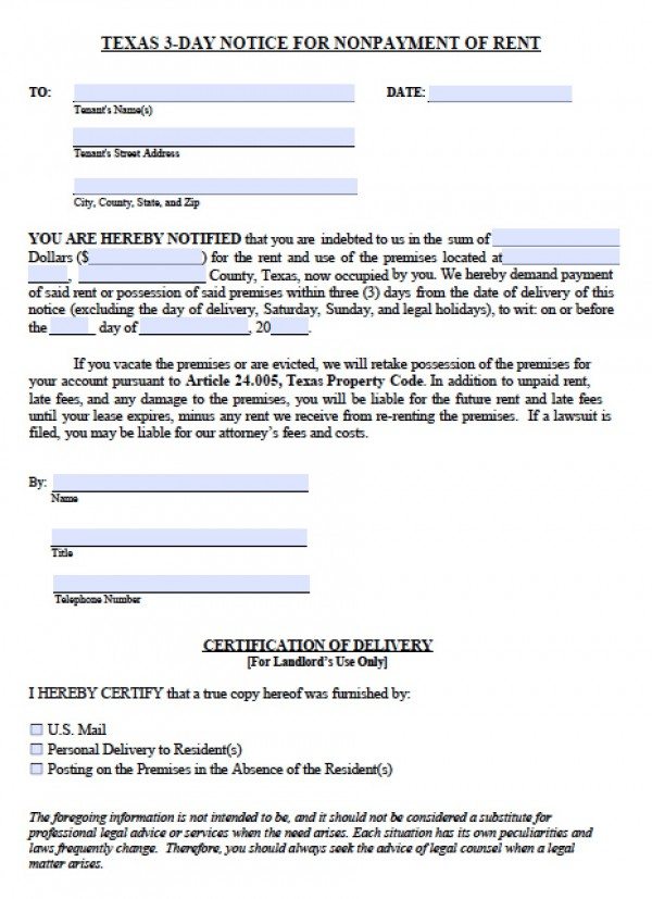 Free Texas Three 3 Day Notice To Quit NonPayment Of Rent PDF 