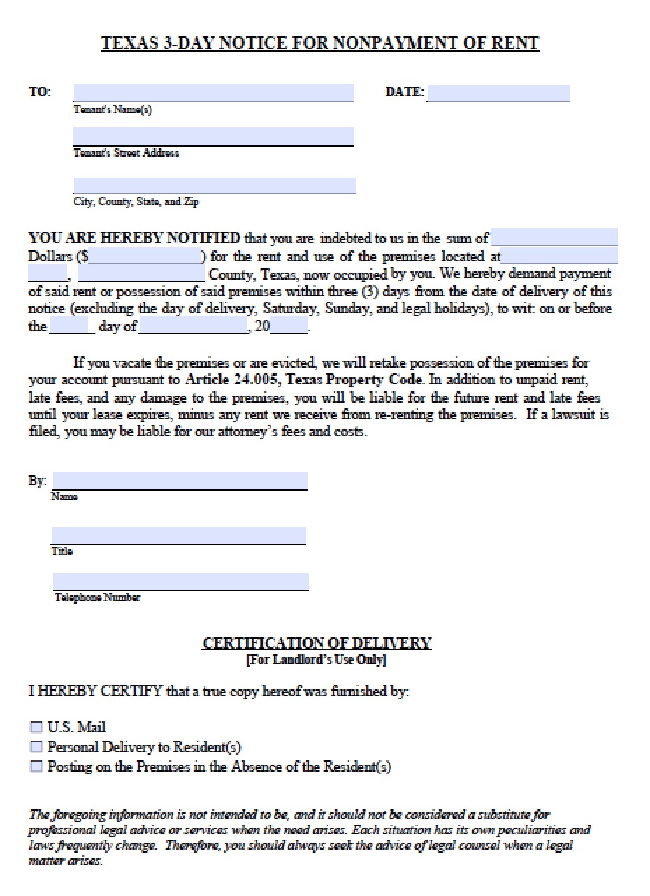 free texas three 3 day notice to quit nonpayment of rent template pdf word