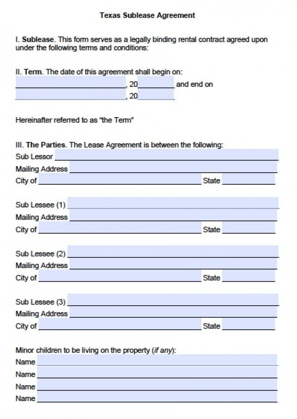 Free Texas Sub Lease Agreement PDF Word ( doc)