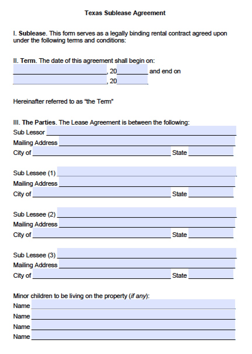 Free Texas Sublease Agreement Template Pdf Word