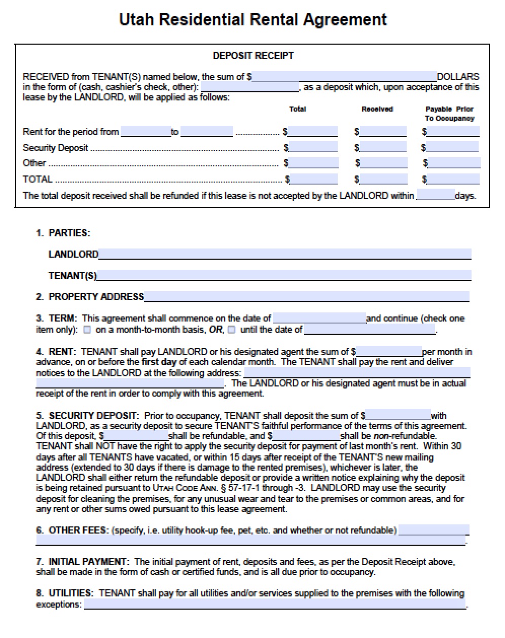 Free Utah Standard Residential Lease Agreement Template PDF Word (.doc)