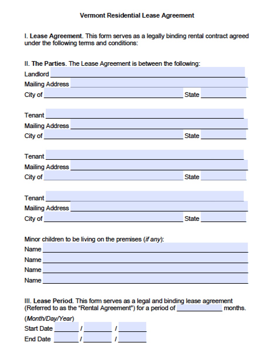 Free Vermont Standard Residential Lease Agreement Template PDF Word
