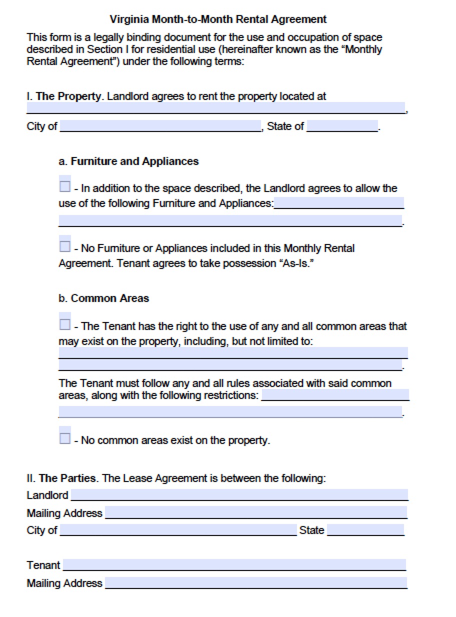 Free Virginia Month to Month Lease Agreement Template PDF Word